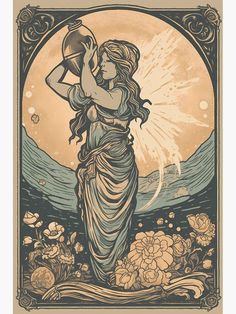 an art nouveau poster with a woman holding a pitcher in her hand and flowers around it