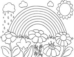 a coloring page with flowers and a rainbow in the sky, clouds and raindrops