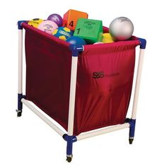 a red shopping cart filled with lots of balls and toys on top of a white background