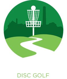 a disc golf logo with a path leading to it and the city in the background