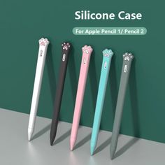 four different colored pens are lined up against a green and white background with the words, silicone case for apple pencil / pencil 2