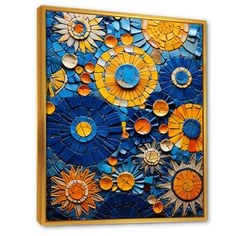 an abstract painting with blue, yellow and orange flowers on the outside of it's frame