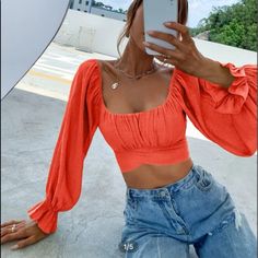 Womens Orange Top. I Never Wore This Trendy Long Sleeve Orange Top, Orange Fitted Feminine Tops, Flowy Orange Summer Top, Orange Vintage Relaxed Fit Tops, Orange Fitted Puff Sleeve Top, Outfit Inspo Summer, Orange Top, Trendy Summer Outfits