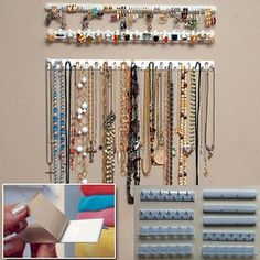 jewelry organizer set hanging on the wall with beads and other items in front of it