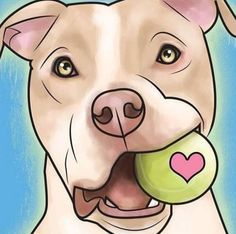 a drawing of a dog holding a ball in its mouth and smiling at the camera