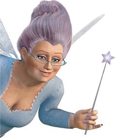 a cartoon character with purple hair and glasses holding a wand