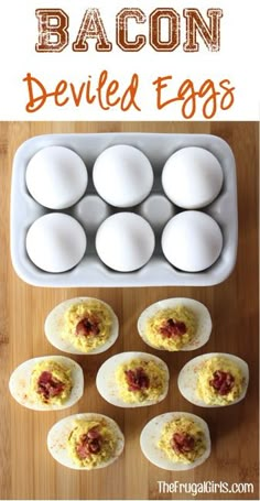 deviled eggs with bacon on them in an egg carton and the title overlay reads how to make deviled eggs