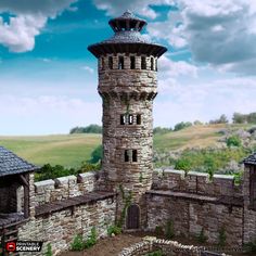 an old stone tower with a clock on the top is shown in this 3d image