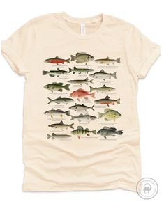 * Design is a compilation of beautiful illustrations by Sherman F. Denton (1856-1937) of North American fishes, published in 1913. * Perfect gift for fisherman, nature enthusiast and outdoorsman in your life.  Printed on super soft premium cotton shirts - you will love wearing it! * Printed with Direct to Garment textile printer, creating soft to touch (i.e no layer on top of the shirt) full-color print that does not fade. Not an iron-on or heat transfer! * Shirts are in Unisex/Men's sizing, pre Fish Clothes, Fish T Shirt, Gift For Fisherman, Silly Shirt, Fish Shirt, Nature Enthusiast, Red Snapper, Fisherman Gifts, Nature Shirts