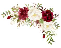 watercolor painting of red and white flowers with green leaves on the bottom right corner