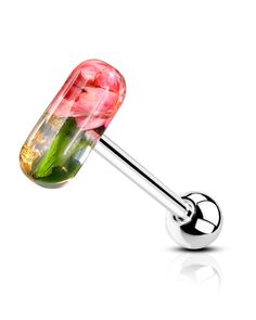 a fake flower in a glass ball on a metal barbell ring with a green leaf inside