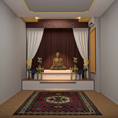 there is a buddha statue in the middle of a room with curtains and rugs