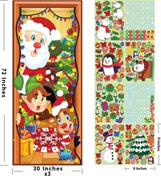 two christmas stickers with santa claus and snowmen on them, one is in front of