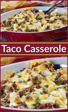 taco casserole with meat and cheese in a red dish