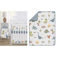 a baby crib bedding set with dinosaurs on it and a white crib