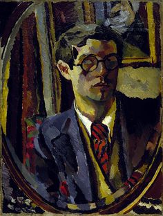 a painting of a man in a suit and tie looking at himself in the mirror