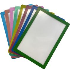 a stack of assorted colored frames on a white background