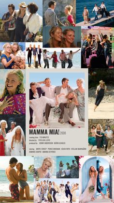 the movie mamma mia is shown in many different pictures, including two women and one man