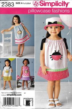 Simplicity 2383 Girls Pillowcase Dress Sewing Pattern. Pattern 2383 is UNCUT and in factory folds. Size 1/2, 1, 2, 3, 4 Pillowcase Dress Pattern, Toddler Summer Dresses, Toddler Pillowcase, Hat Patterns To Sew, Toddler Summer, Pillowcase Dress, Costume Patterns, Simplicity Sewing, Simplicity Sewing Patterns