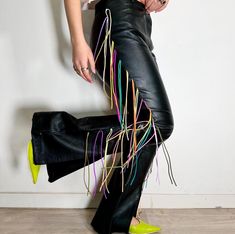 UNIQUE handmade upcycled high quality REAL LEATHER VINTAGE flare pants.  All leather fringes have been added individually and carefully sewn creating a unique look. Bottom of the pants have a zip that makes them wider. Can be also worn closed! SIZE S|40IT (36EU) Measurements waist 35cm Model is a size S|40IT, tall 1,60cm Trousers Upcycling, Vintage Flare, Womens Trousers, Womens Pants, Colored Leather, Leather Fringe, Upcycled Vintage, Flare Pants, Trousers Women