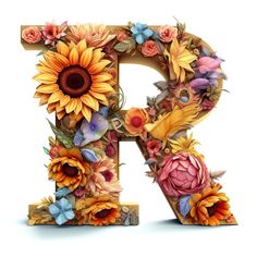 Floral and sunflower, colorful illustration letter R. Generative AI royalty free stock photo Letter A With Flowers, Watercolor Lettering, Colorful Illustration, Flower Letters, Letter N, Alphabet Art, Flowers And Leaves, Flower Designs