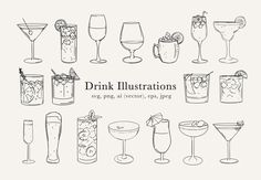 a set of different types of drinks and glasses with the words drink illustrations on them