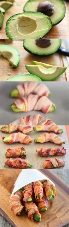 bacon wrapped in cucumber slices on a cutting board