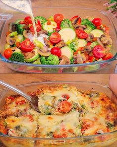 two pictures showing different types of food in glass casserole dishes, one with broccoli and the other with tomatoes