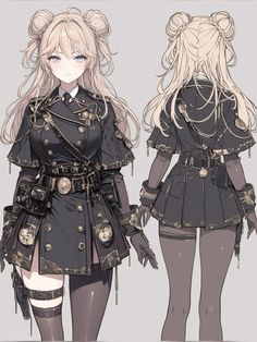 an anime character with long blonde hair wearing black clothing and holding her hands in her pockets