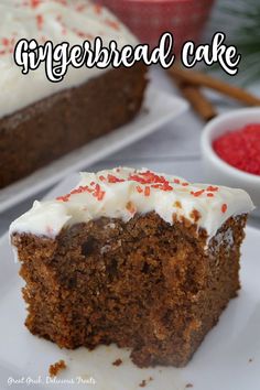 A slice of gingerbread cake with frosting and red sprinkles sitting on a white plate with a bite taken out of it. Homemade Cream Cheese Frosting, Gingerbread Cake Recipe, Homemade Cream Cheese, How To Make Gingerbread, Dessert To Make, Christmas Baking Recipes, Christmas Look, Gingerbread Cake, Room Stuff