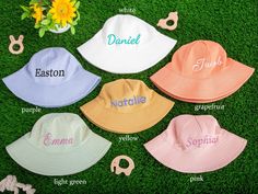 "Personalised Baby Summer Sun Hat With Name Embroidered Embroidered Gorgeous Baby/Toddler Summer Sun Hat This hat with brim protects your baby from direct UV rays Each hat has a cord on both sides Hat Size:  Small Size: 45cm/17.7\". Suitable for babies 3-9 months Medium: 49cm/ 19.3\". Suitable for babies 9 months-2 years Large: 54cm/ 21.25\". Suitable for babies 2 years-8 years Lightweight and breathable, easy to carry Machine washable and hand washable 100% cotton material The most perfect baby shower gifts for baby girls and baby boy Any questions feel free to message me." Curved Brim Hats With Letter Embroidery For Summer, Pink Personalized Summer Hat, Personalized Pink Summer Hat, Personalized Beach Hats, Baby Bucket Hat, Embroidered Bucket Hat, Baby Beach, Toddler Summer, Baby Summer