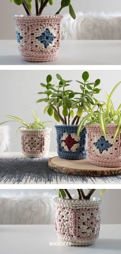 crochet potted planters with plants in them on a wooden board and white furnishing