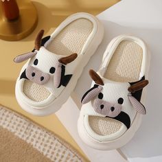 Color: White Cow, Size: 44or45 Cartoon Slide, Linen Slippers, Sandals Cute, Pyjama Satin, Open Toe Slippers