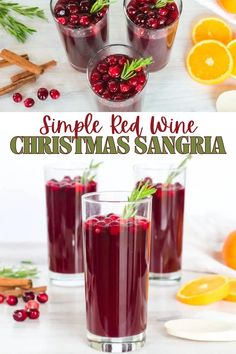 three glasses filled with cranberry sangria next to orange slices and cinnamon sticks