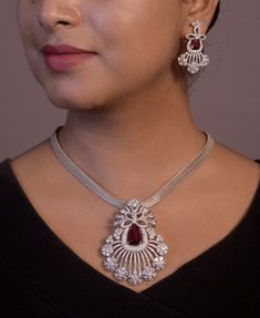 Buy Handcrafted American Diamond Pendant Online in India - Etsy Silver Diamond Jewelry Sets For Gifts, Dazzling Silver Diamond Jewelry Sets, Fine Diamond Jewelry Sets As Gifts, Fine Diamond Jewelry Sets For Gift, Diamond Jewelry Sets For Gifts, Dazzling Diamond Jewelry Sets For Gifts, Silver Diamond Jewelry Sets For Formal Occasions, Fine Jewelry Sets With Cubic Zirconia Pendant, Formal Silver Diamond Jewelry Sets