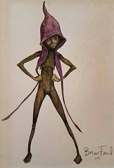 a drawing of a woman with a purple hat on her head and hands in her pockets