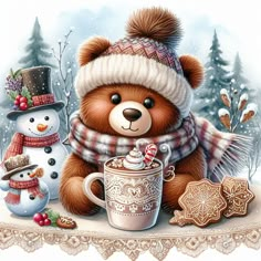 a brown teddy bear sitting next to a cup of coffee and two snowman cookies