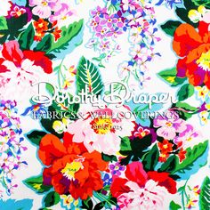 an image of colorful flowers and leaves on a white background with the words, beautiful bouquet fabric