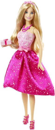 a barbie doll holding a gift box in one hand and a pink dress on the other