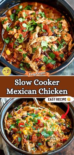 slow cooker mexican chicken recipe in a skillet with text overlay that says slow cooker mexican chicken easy recipe