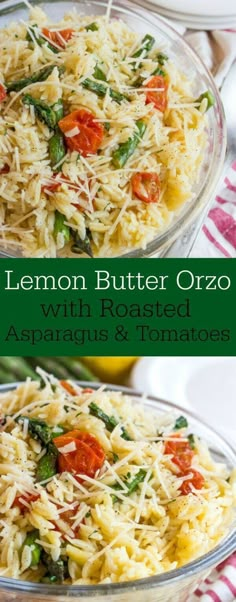 lemon butter orzo salad with roasted asparagus and tomatoes in a glass bowl