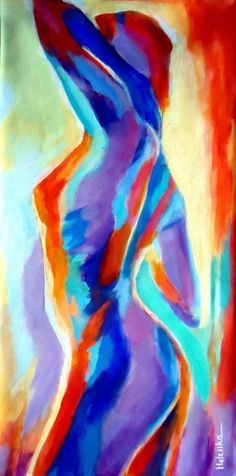 an abstract painting of a woman's body in blue, red and orange colors