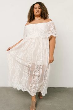 Caroline Lace Maxi Dress | Off White | Baltic Born Chic Off-shoulder Lace Dress With Lace Trim, Spring Off-shoulder Lace Dress, Flowy Lace Dress With Lace Bodice, Flowy Lace Dress With Delicate Details, Flowy Lace Dress With Lace Sleeves, Feminine Lace Maxi Dress With Scalloped Lace, Feminine Scalloped Lace Maxi Dress, Chic Flowy Lace Maxi Dress, Flowy Scalloped Lace Dress