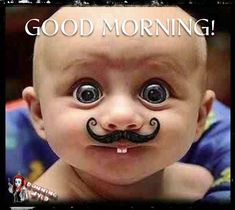 a baby with a fake moustache on it's face that says, good morning