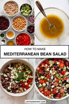 the ingredients for mediterranean bean salad are shown in bowls and on top of each other