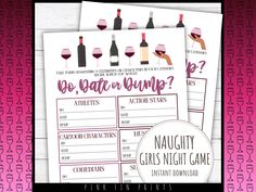 two wine tasting game cards with the words, do date or bump? and an image of