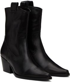 Ankle-high grained goatskin boots in black. · Pointed toe · Twin pull-loops at collar · Stacked Cuban heel · Leather outsole · Heel: H2.25 Supplier color: Black Cuban Heels, Ankle Boots, Women Wear, Collar, Boots, Heels, Leather, Clothes, Black