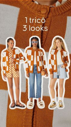 an advertisement featuring three women in orange sweaters