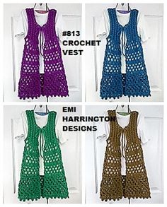 four crochet vests are shown in different colors and sizes, with the names below them