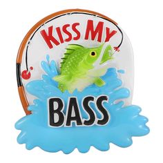 a green fish with the words kiss my bass on it